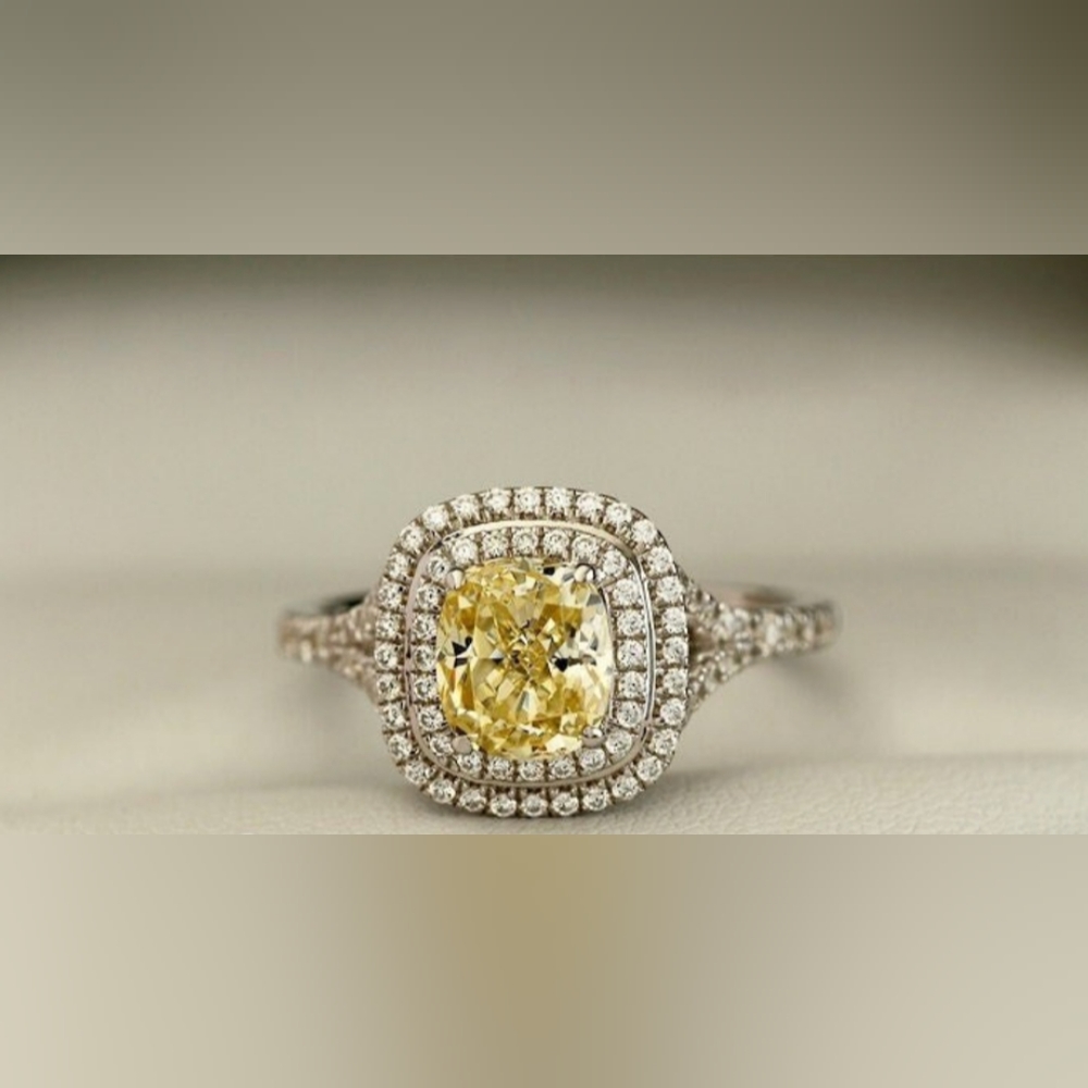 2 CT Double Halo Cushion Cut Yellow Diamond Ring